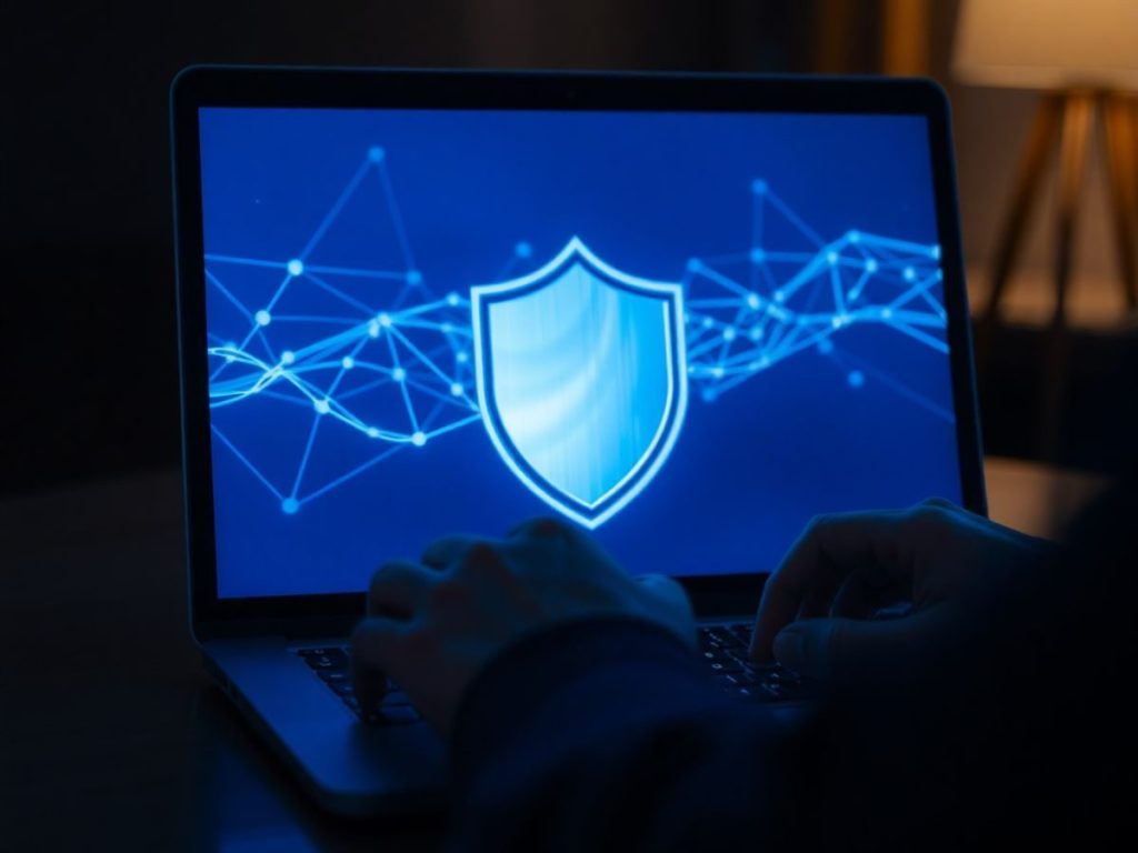 Mâini tastând la laptop, ecran cu scut de securitate.