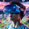 Persoană cu căști VR înconjurată de grafica digitală.