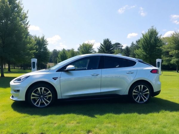 Mașină electrică modernă într-un peisaj verde.