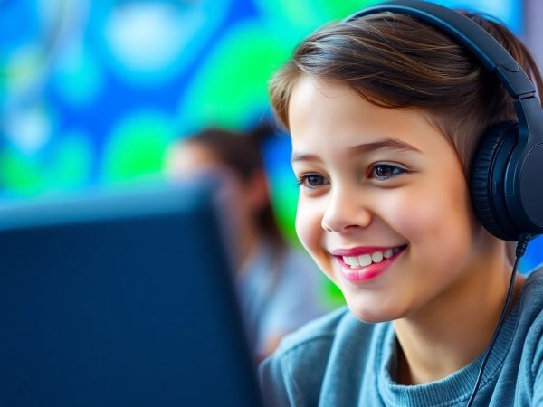 Student zâmbitor, laptop, căști, fundal colorat