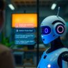 Un chatbot discutând cu o persoană pe un ecran.