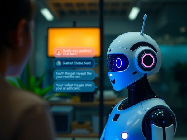 Un chatbot discutând cu o persoană pe un ecran.