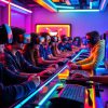 Gameri cu căști VR lângă PC-uri iluminate în culori neon