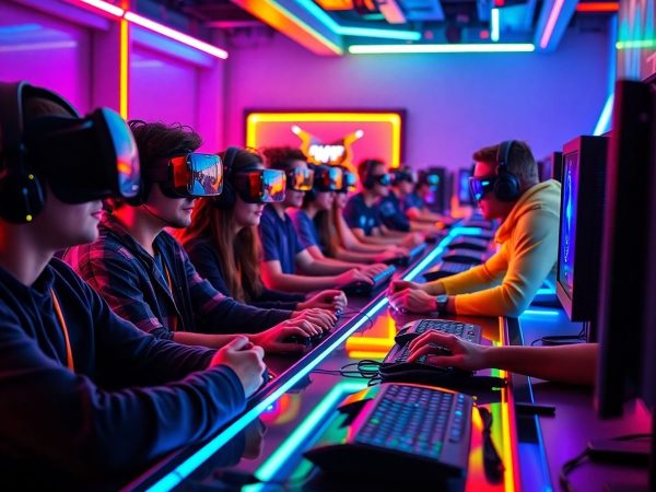 Gameri cu căști VR lângă PC-uri iluminate în culori neon