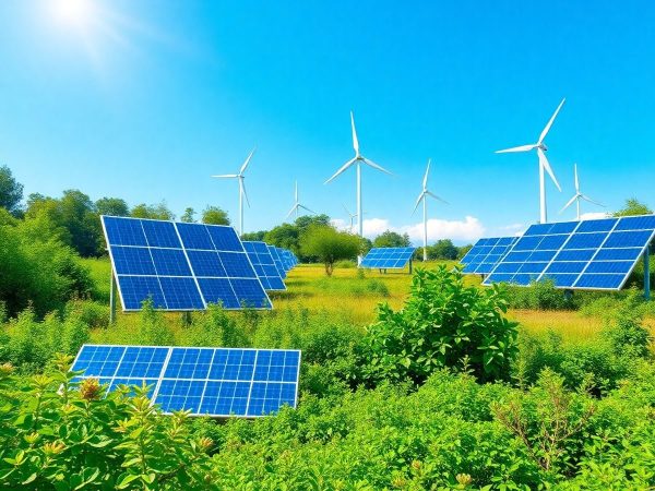 Tehnologie verde în natură, panouri solare și turbine eoliene.